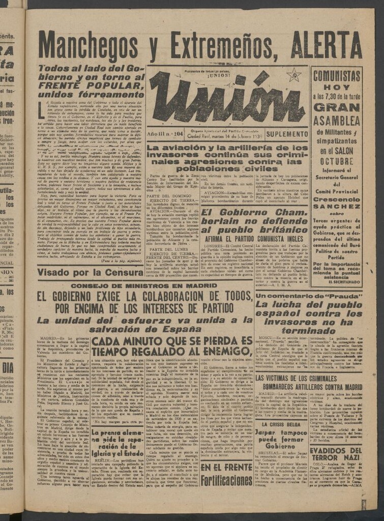 Miniatura de Unión : órgano provincial del Partido Comunista del 14 de febrero de 1939
