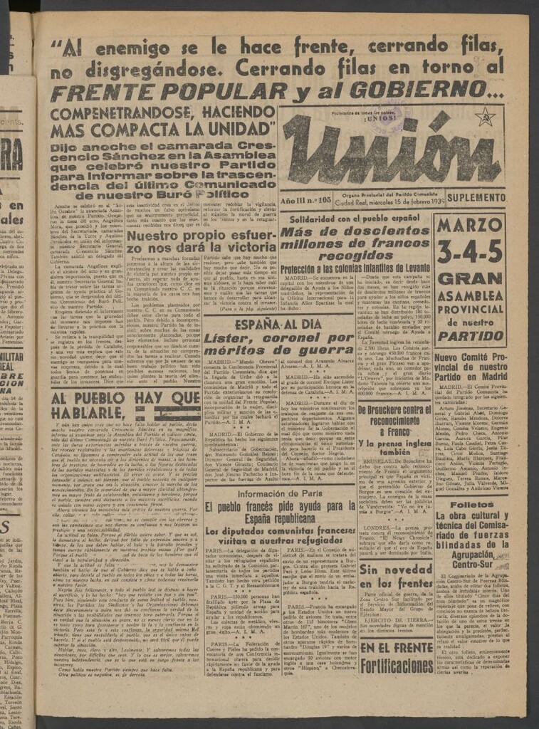 Miniatura de Unión : órgano provincial del Partido Comunista del 15 de febrero de 1939