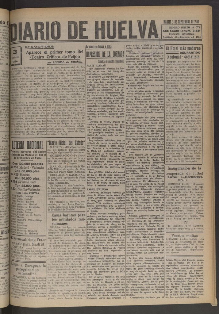 Miniatura de Diario de Huelva : periódico independiente del 3 de septiembre de 1940