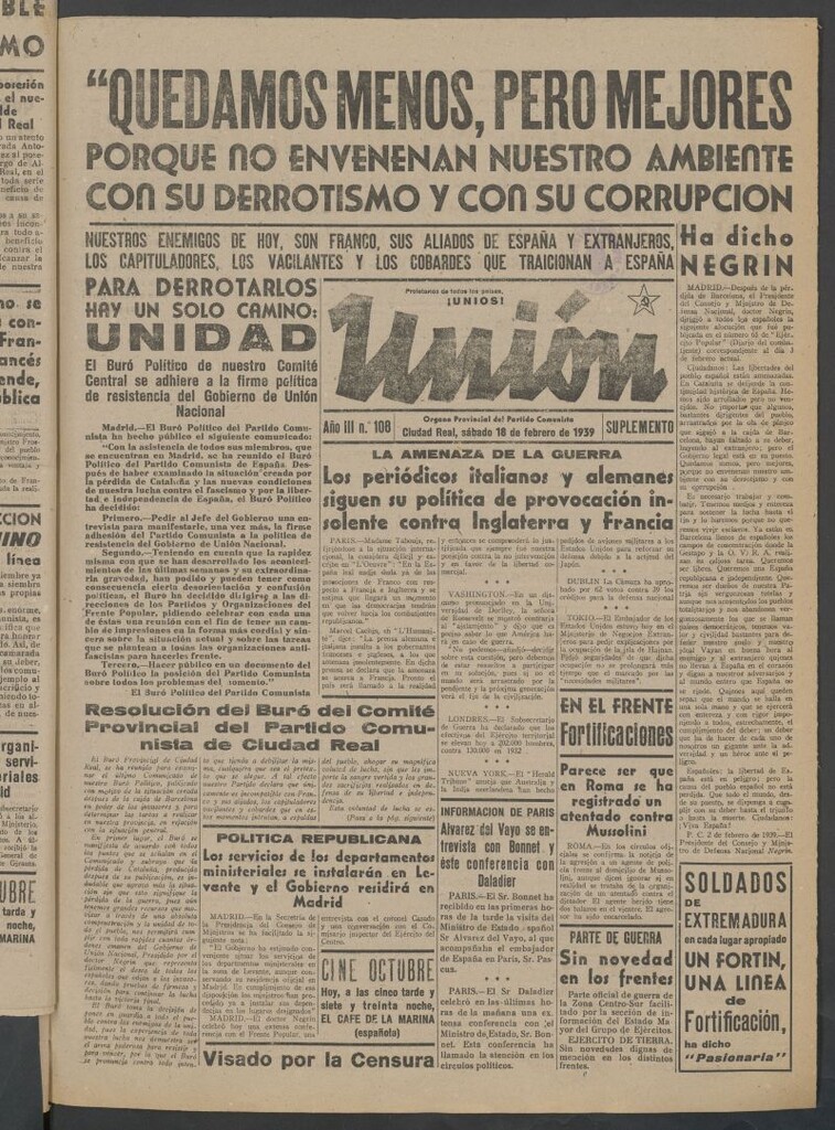 Miniatura de Unión : órgano provincial del Partido Comunista del 18 de febrero de 1939
