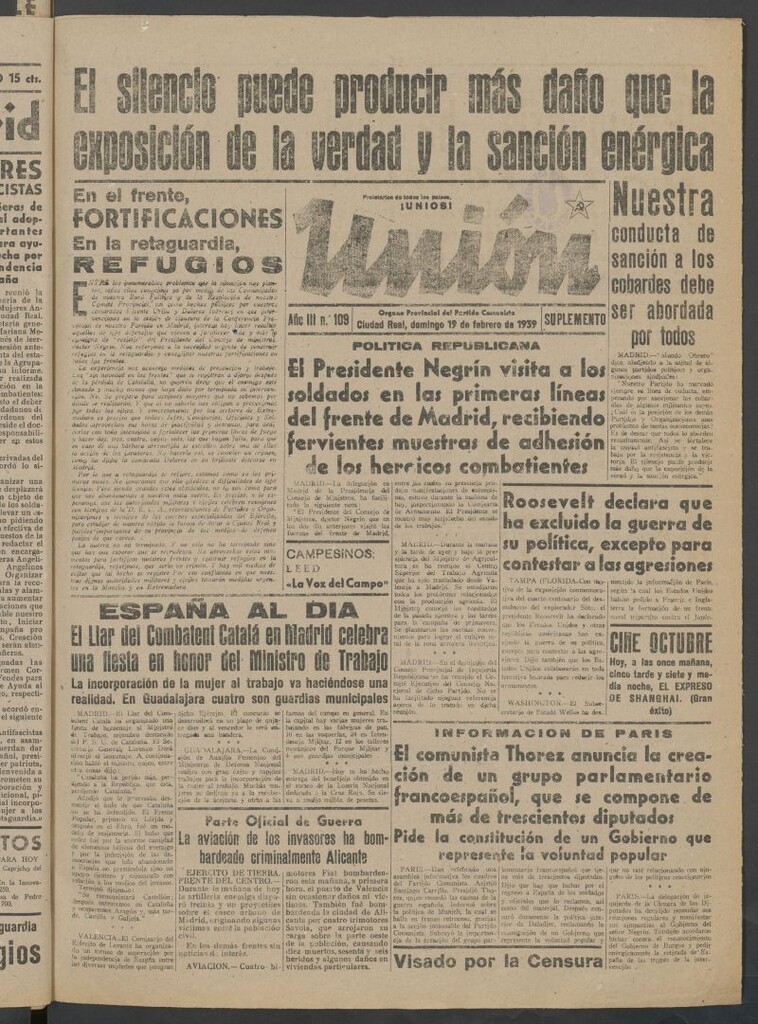 Miniatura de Unión : órgano provincial del Partido Comunista del 19 de febrero de 1939