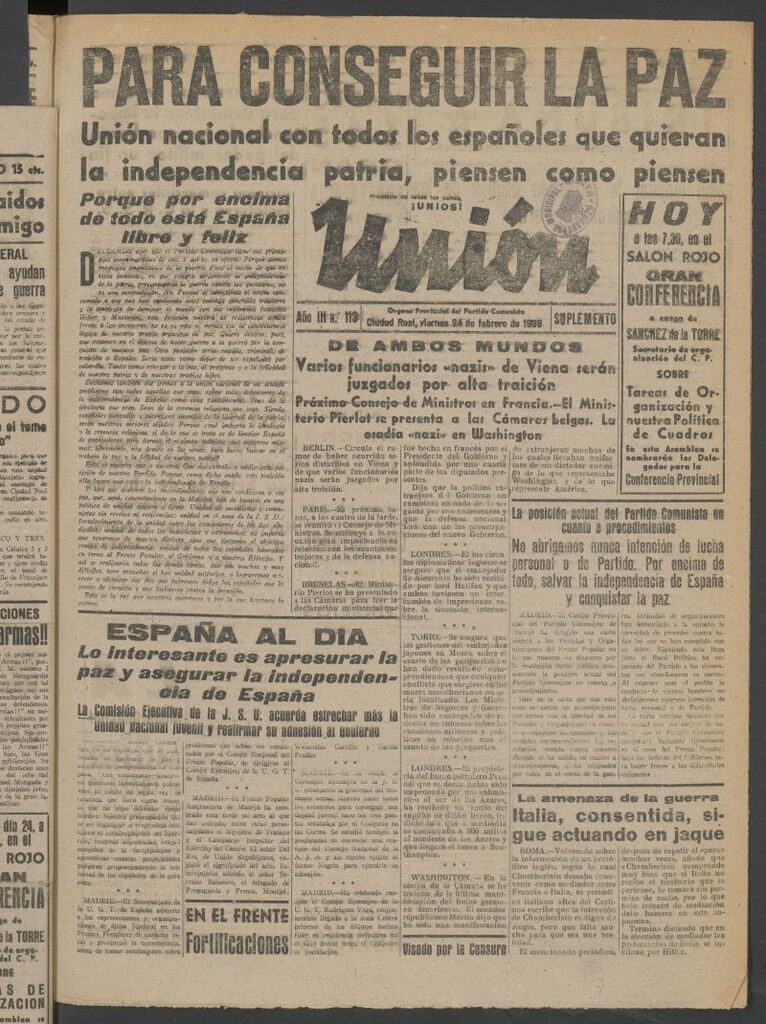 Miniatura de Unión : órgano provincial del Partido Comunista del 24 de febrero de 1939