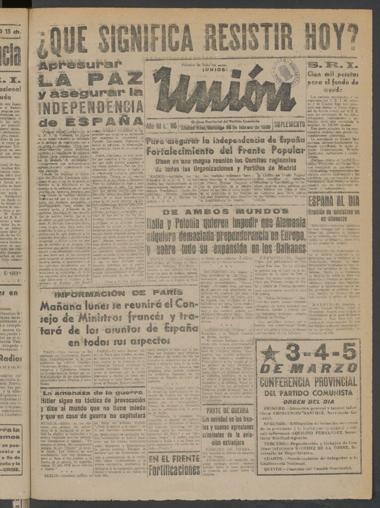 Miniatura de Unión : órgano provincial del Partido Comunista del 26 de febrero de 1939