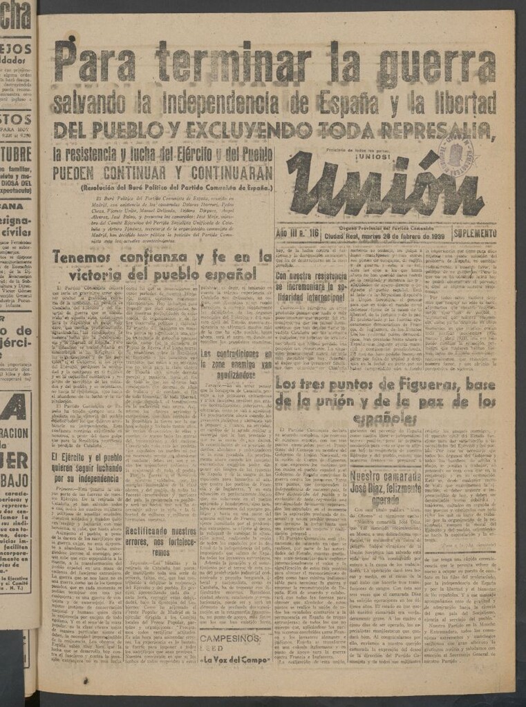Miniatura de Unión : órgano provincial del Partido Comunista del 28 de febrero de 1939