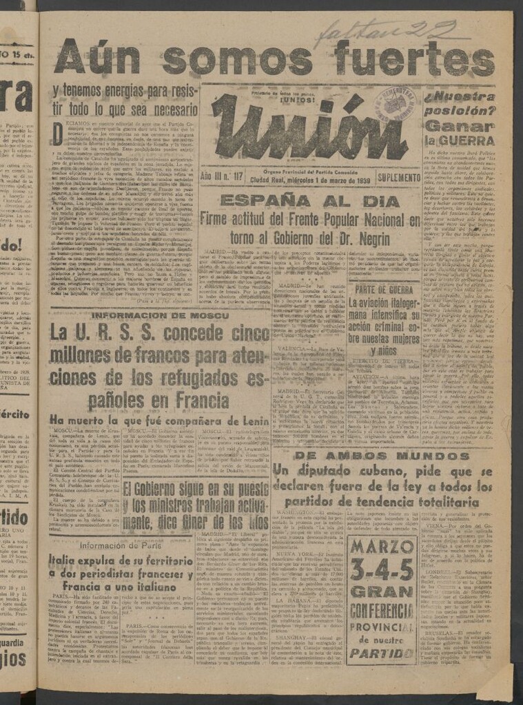 Miniatura de Unión : órgano provincial del Partido Comunista del 1 de marzo de 1939