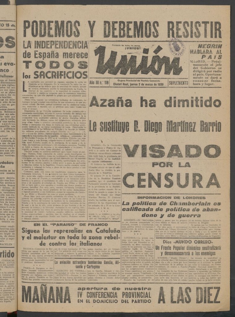 Miniatura de Unión : órgano provincial del Partido Comunista del 2 de marzo de 1939