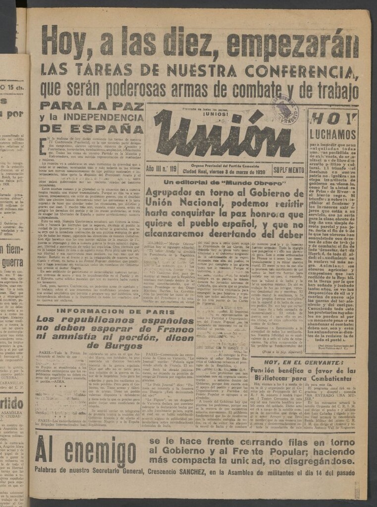 Miniatura de Unión : órgano provincial del Partido Comunista del 3 de marzo de 1939