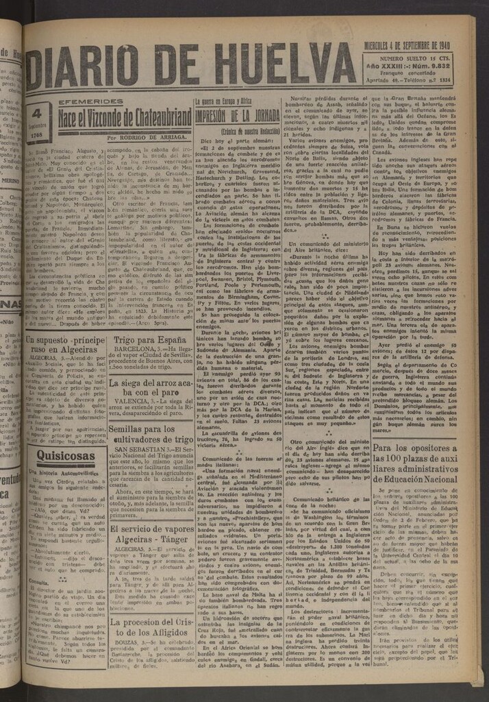 Miniatura de Diario de Huelva : periódico independiente del 4 de septiembre de 1940