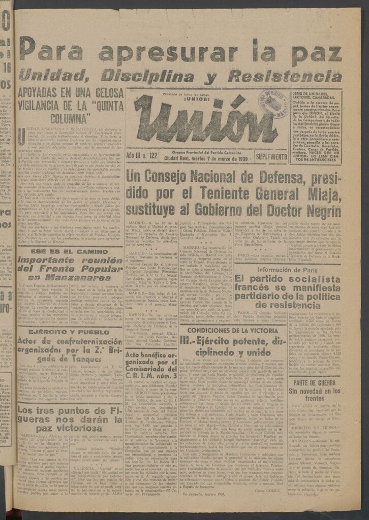 Miniatura de Unión : órgano provincial del Partido Comunista del 7 de marzo de 1939