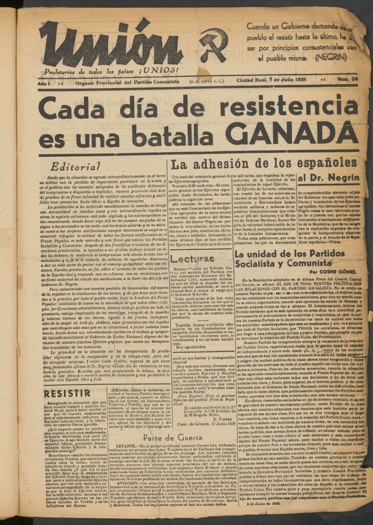 Miniatura de Unión : órgano provincial del Partido Comunista del 7 de julio de 1939