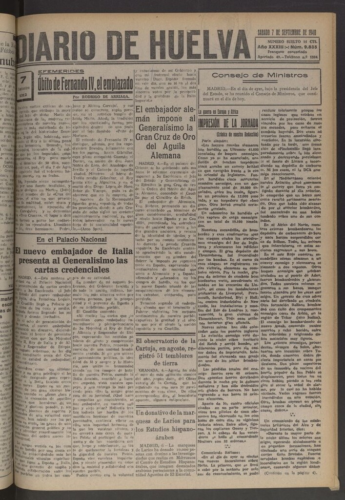 Miniatura de Diario de Huelva : periódico independiente del 7 de septiembre de 1940