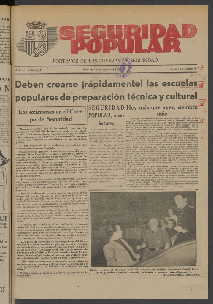 Miniatura de Seguridad popular : portavoz de las Fuerzas de Seguridad del 29 de agosto de 1937