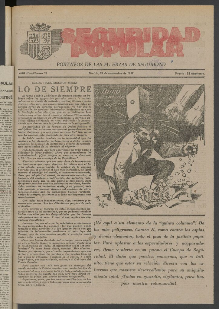 Miniatura de Seguridad popular : portavoz de las Fuerzas de Seguridad del 25 de septiembre de 1937