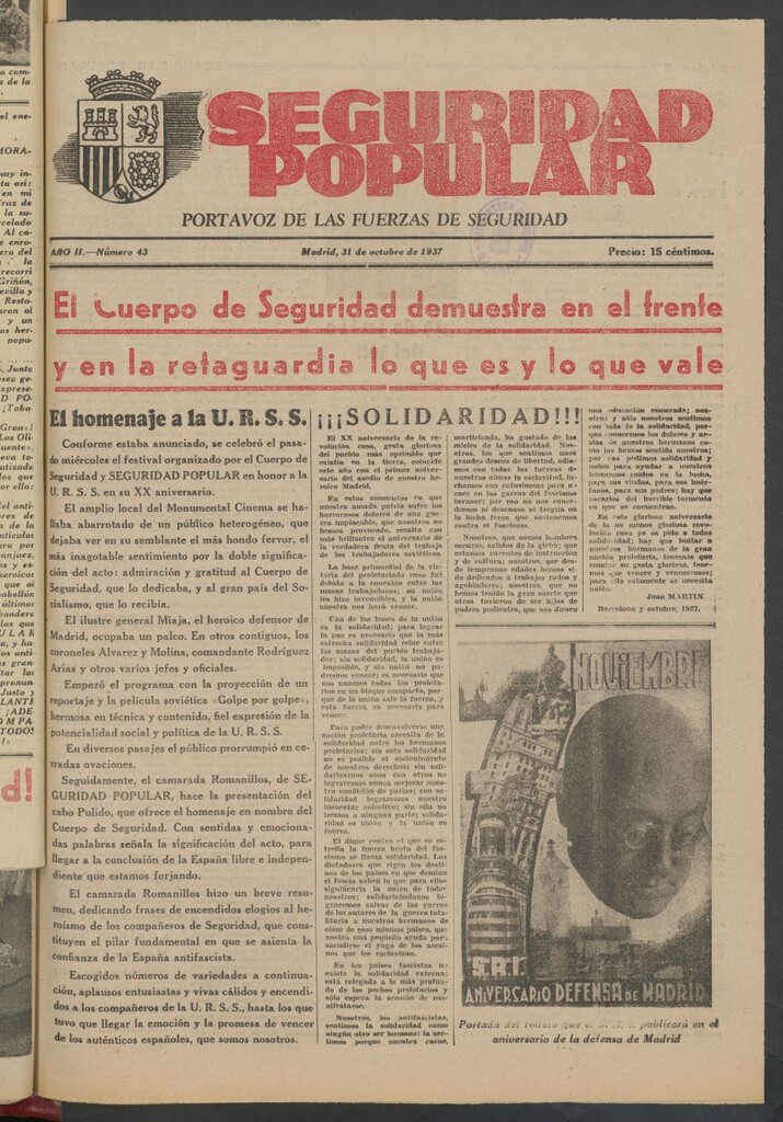 Miniatura de Seguridad popular : portavoz de las Fuerzas de Seguridad del 31 de octubre de 1937
