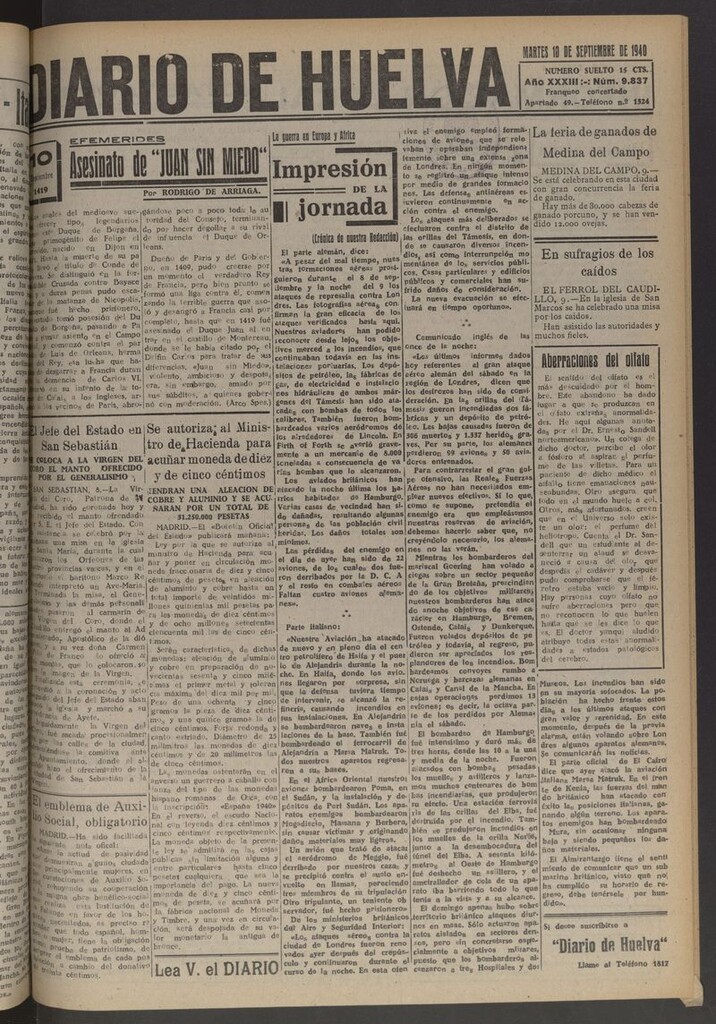 Miniatura de Diario de Huelva : periódico independiente del 10 de septiembre de 1940