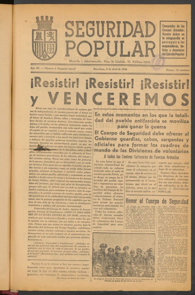 Miniatura de Seguridad popular : portavoz de las Fuerzas de Seguridad del 8 de abril de 1938