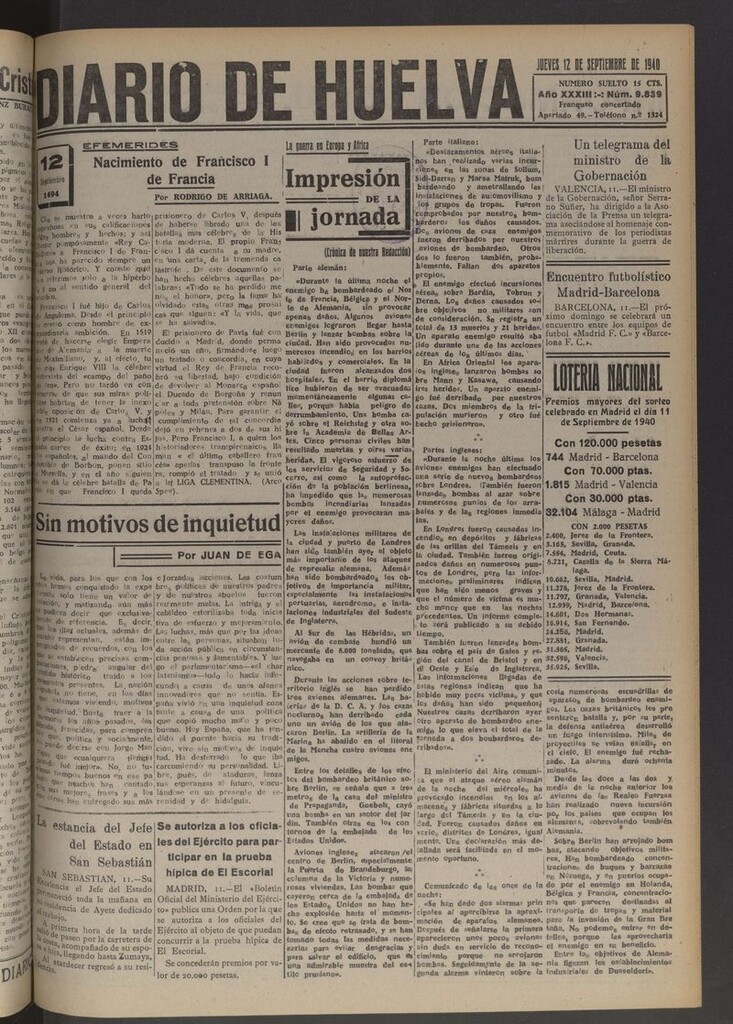 Miniatura de Diario de Huelva : periódico independiente del 12 de septiembre de 1940