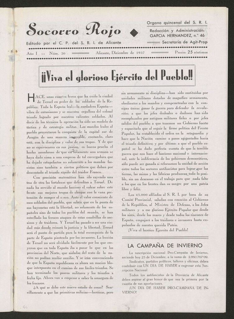 Miniatura de Socorro rojo : órgano de la solidaridad : ampara y ayuda de diciembre de 1937. Nº 20