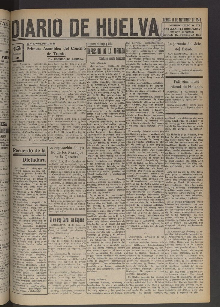 Miniatura de Diario de Huelva : periódico independiente del 13 de septiembre de 1940