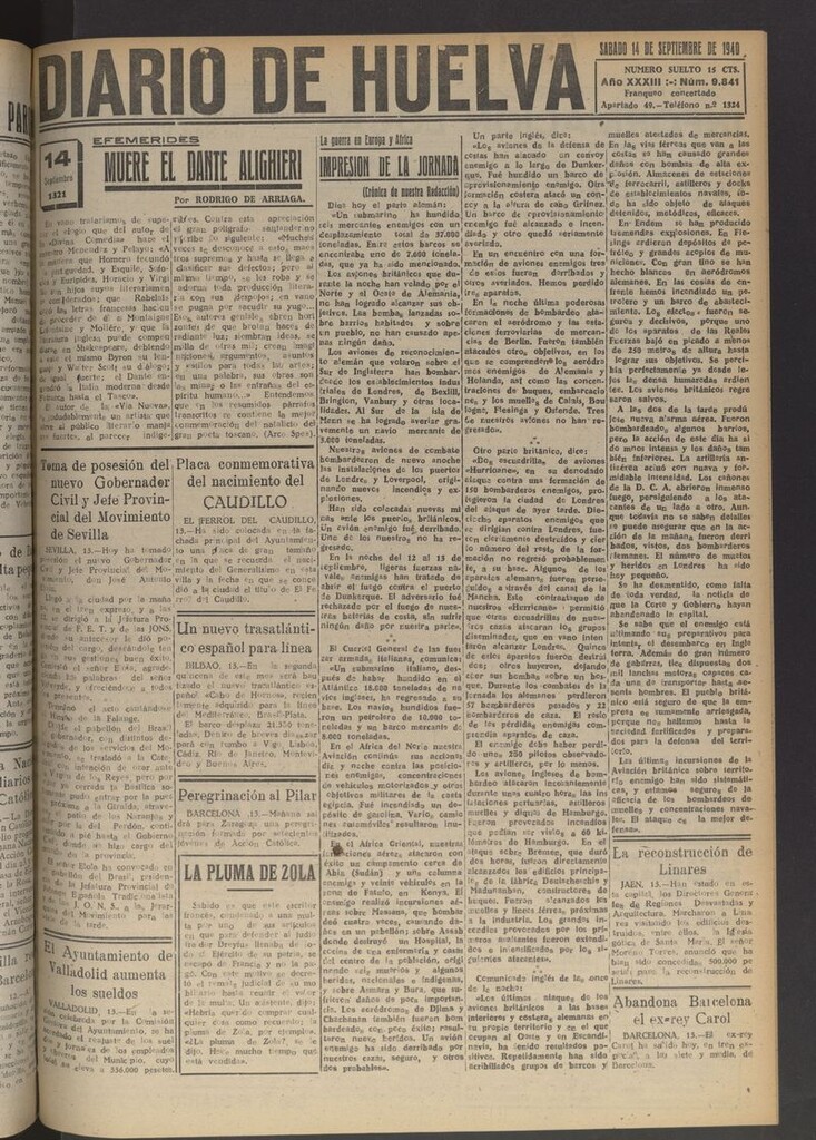 Miniatura de Diario de Huelva : periódico independiente del 14 de septiembre de 1940