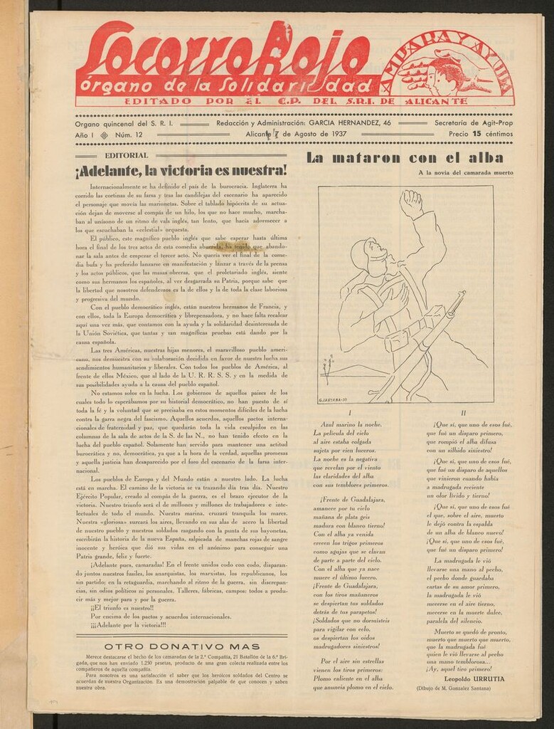 Miniatura de Socorro rojo : órgano de la solidaridad : ampara y ayuda del 7 de agosto de 1937. Nº 12