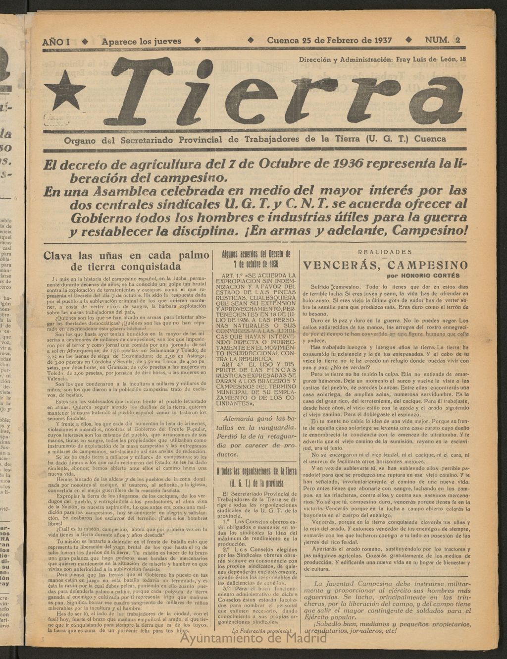 Miniatura de Tierra : órgano del Secretariado Provincial de Trabajadores de la Tierra, U.G.T. del 25 de febrero de 1937