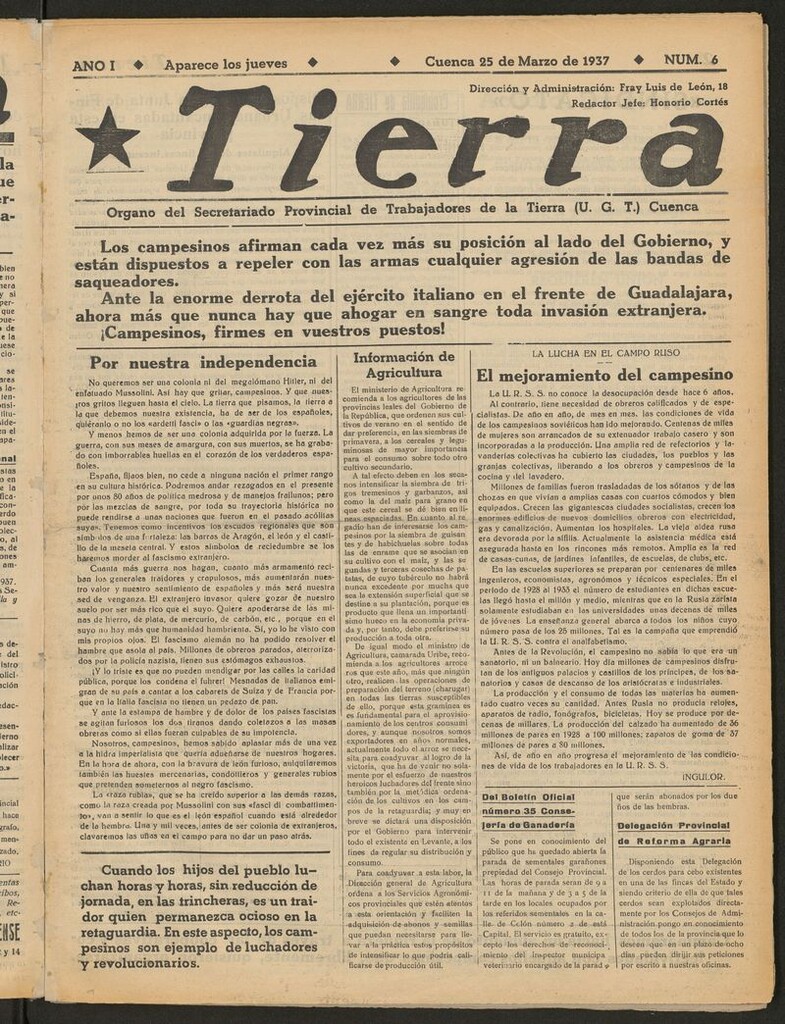 Miniatura de Tierra : órgano del Secretariado Provincial de Trabajadores de la Tierra, U.G.T. del 25 de marzo de 1937