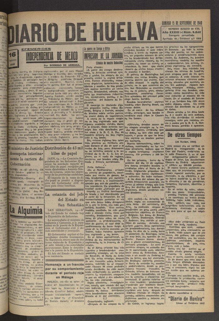 Miniatura de Diario de Huelva : periódico independiente del 15 de septiembre de 1940