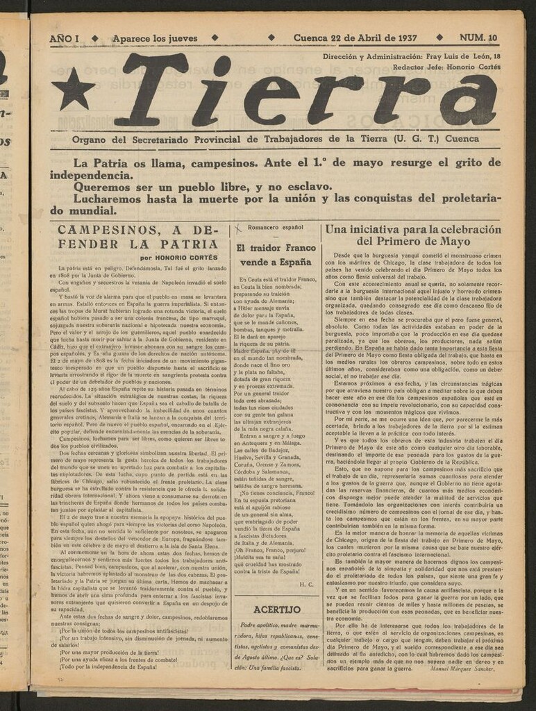 Miniatura de Tierra : órgano del Secretariado Provincial de Trabajadores de la Tierra, U.G.T. del 22 de abril de 1937
