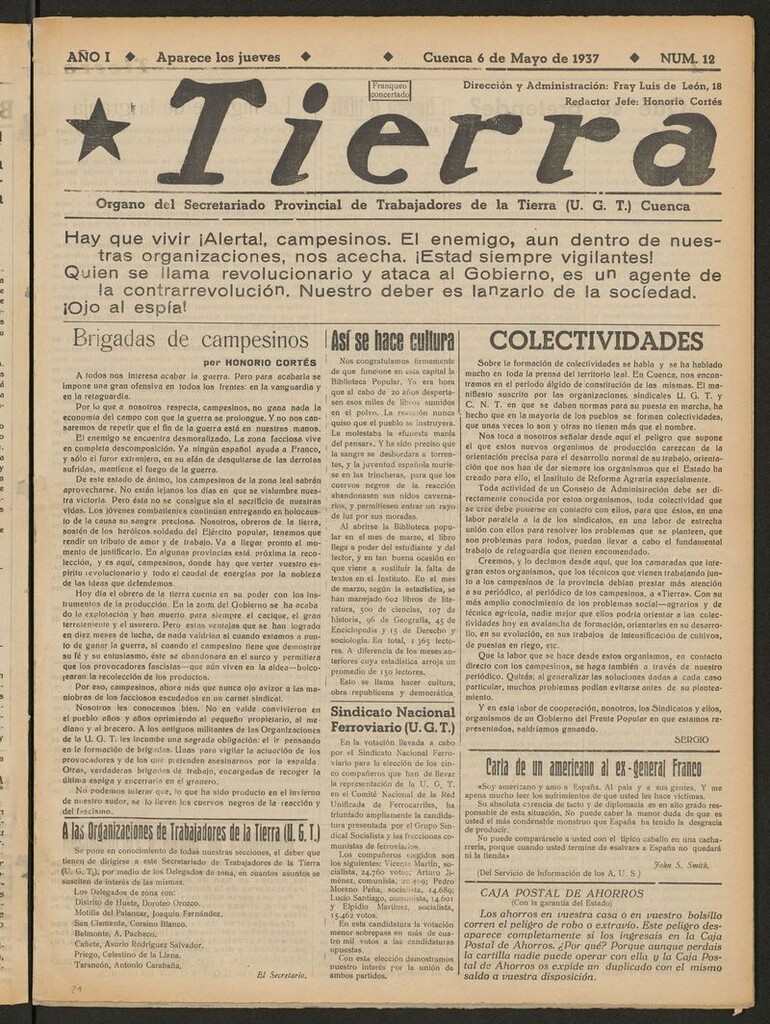 Miniatura de Tierra : órgano del Secretariado Provincial de Trabajadores de la Tierra, U.G.T. del 6 de mayo de 1937