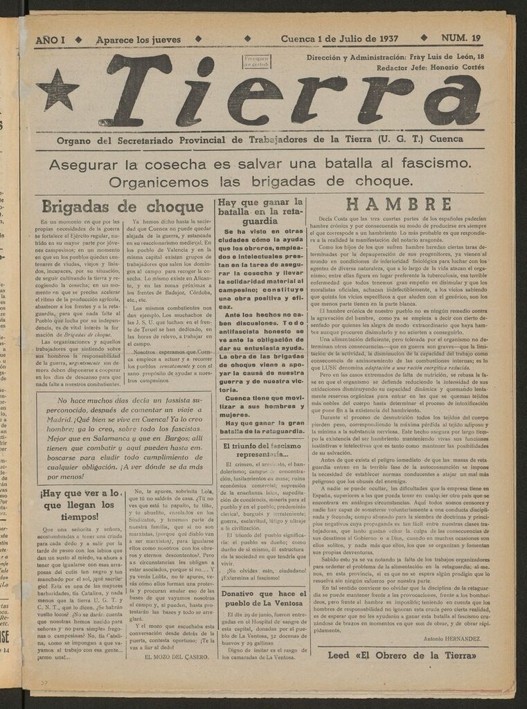 Miniatura de Tierra : órgano del Secretariado Provincial de Trabajadores de la Tierra, U.G.T. del 1 de julio de 1937