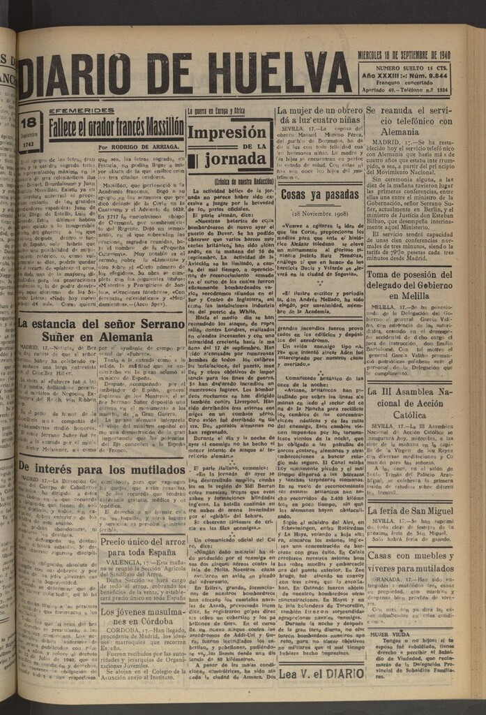 Miniatura de Diario de Huelva : periódico independiente del 18 de septiembre de 1940