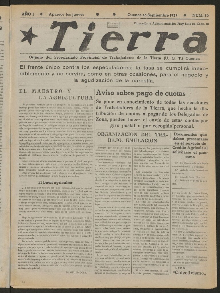 Miniatura de Tierra : órgano del Secretariado Provincial de Trabajadores de la Tierra, U.G.T. del 16 de septiembre de 1937