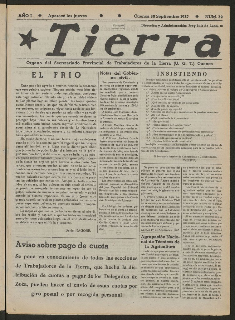Miniatura de Tierra : órgano del Secretariado Provincial de Trabajadores de la Tierra, U.G.T. del 30 de septiembre de 1937