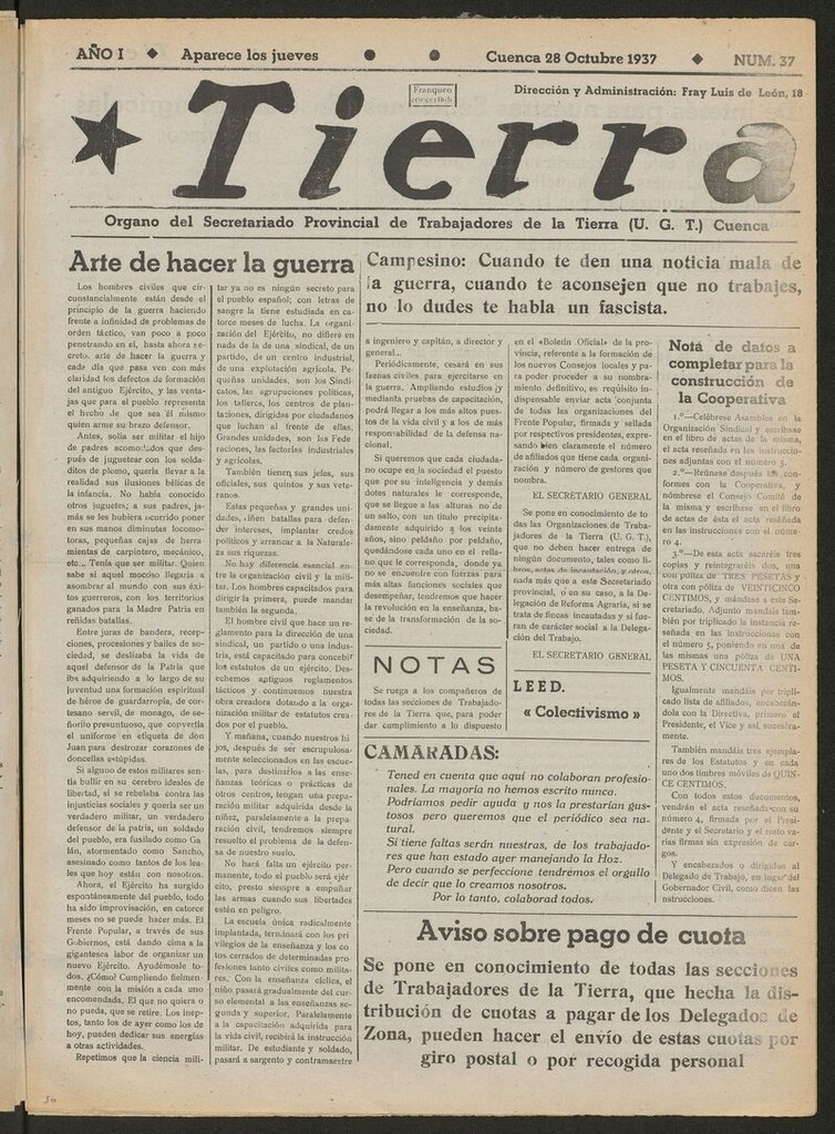 Miniatura de Tierra : órgano del Secretariado Provincial de Trabajadores de la Tierra, U.G.T. del 28 de octubre de 1937