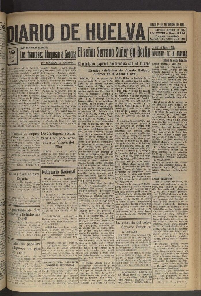 Miniatura de Diario de Huelva : periódico independiente del 19 de septiembre de 1940