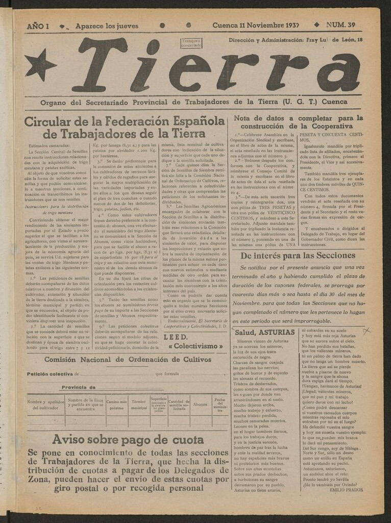 Miniatura de Tierra : órgano del Secretariado Provincial de Trabajadores de la Tierra, U.G.T. del 11 de noviembre de 1937