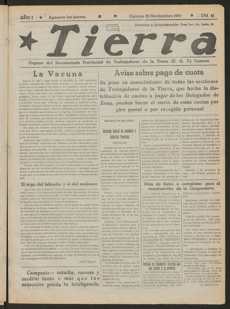 Miniatura de Tierra : órgano del Secretariado Provincial de Trabajadores de la Tierra, U.G.T. del 25 de noviembre de 1937