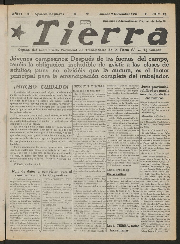 Miniatura de Tierra : órgano del Secretariado Provincial de Trabajadores de la Tierra, U.G.T. del 2 de diciembre de 1937