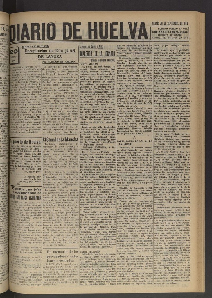 Miniatura de Diario de Huelva : periódico independiente del 20 de septiembre de 1940