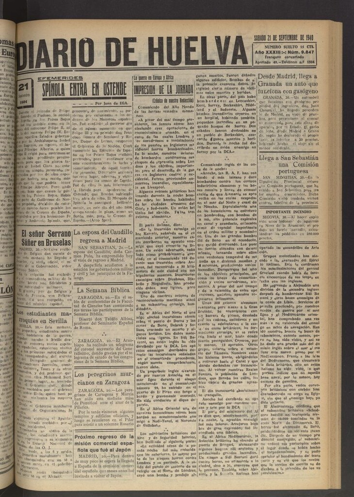Miniatura de Diario de Huelva : periódico independiente del 21 de septiembre de 1940