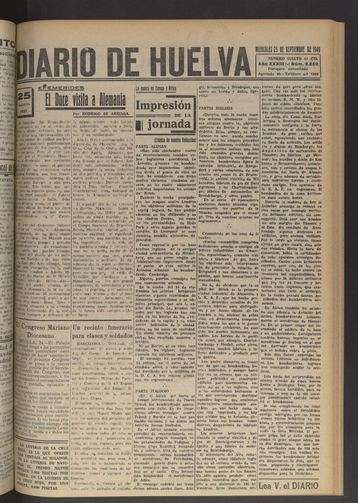 Miniatura de Diario de Huelva : periódico independiente del 25 de septiembre de 1940