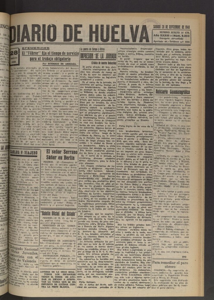 Miniatura de Diario de Huelva : periódico independiente del 28 de septiembre de 1940