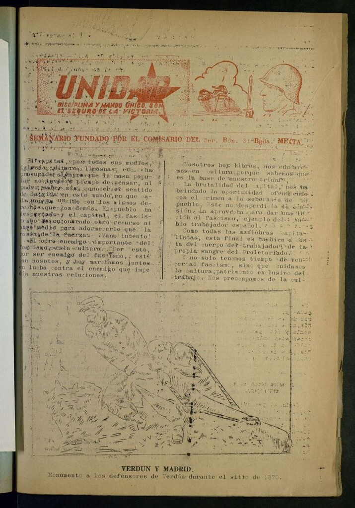 Miniatura de Unidad : semanario fundado por el Comisariado del 3er Bón., 31 Bdga. Mixta del 19 de marzo de 1937