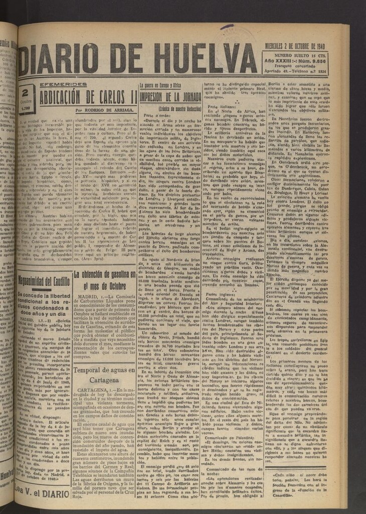 Miniatura de Diario de Huelva : periódico independiente del 2 de octubre de 1940