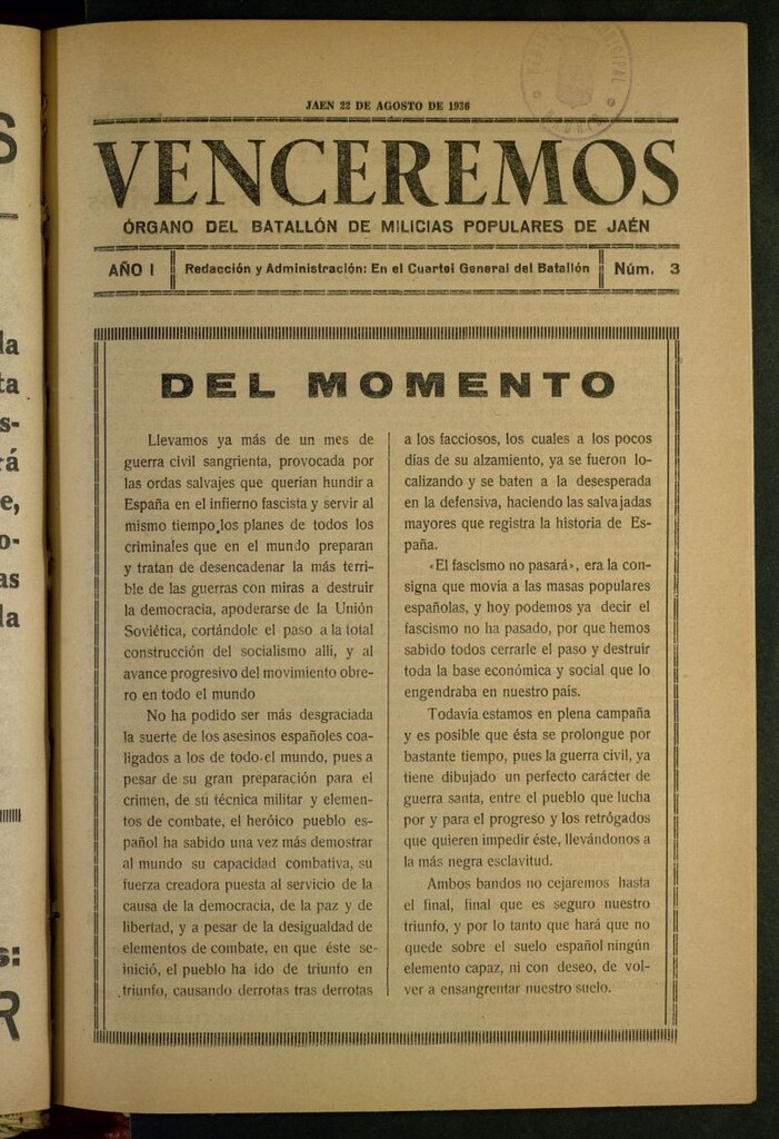 Miniatura de Venceremos : órgano del batallón de milicias populares de Jaén del 22 de agosto de 1936