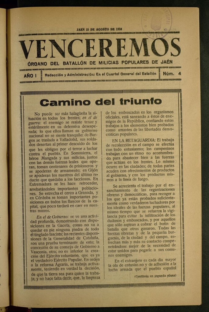 Miniatura de Venceremos : órgano del batallón de milicias populares de Jaén del 25 de agosto de 1936