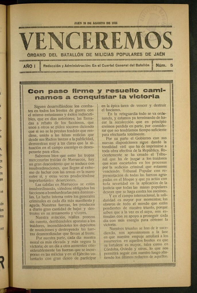 Miniatura de Venceremos : órgano del batallón de milicias populares de Jaén del 28 de agosto de 1936