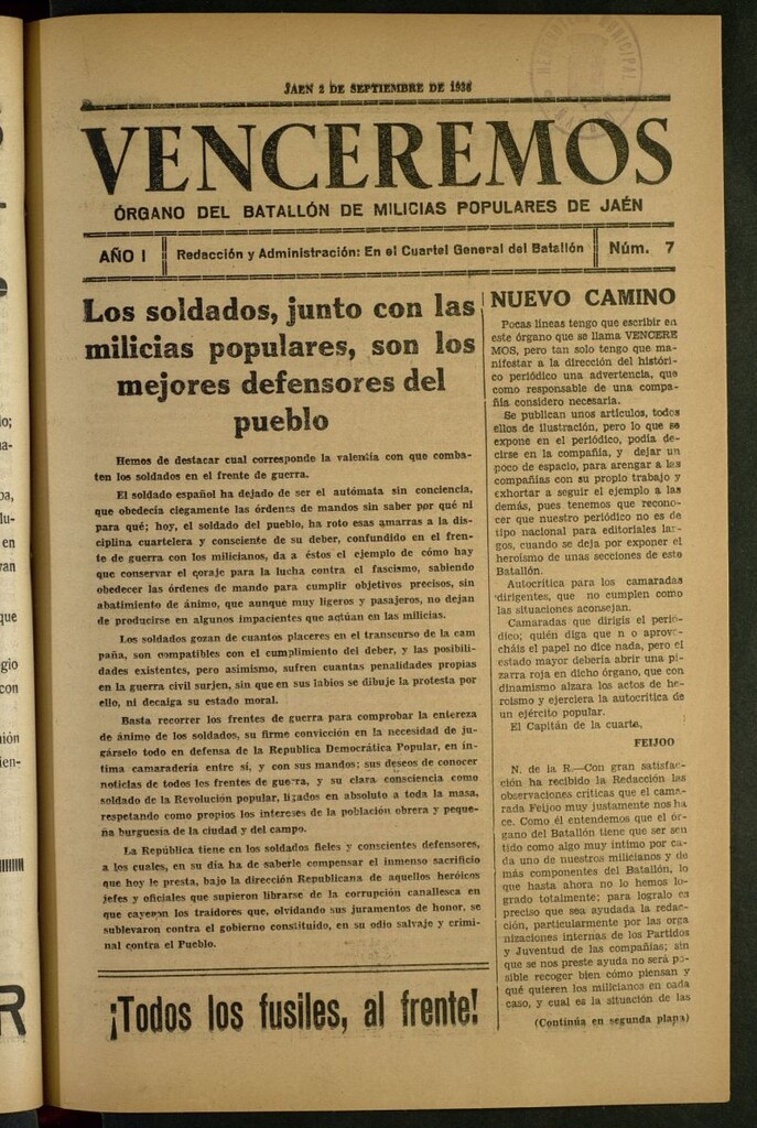 Miniatura de Venceremos : órgano del batallón de milicias populares de Jaén del 2 de septiembre de 1936