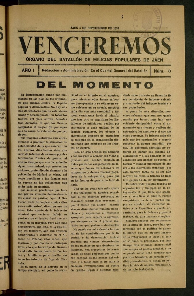 Miniatura de Venceremos : órgano del batallón de milicias populares de Jaén del 5 de septiembre de 1936